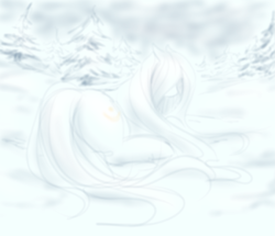 Size: 2909x2500 | Tagged: safe, artist:anonymous, oc, oc only, oc:cirrus wisp, pony, female, fog, long hair, lying down, mare, snow, snowfall, snowpony (species), solo, taiga pony