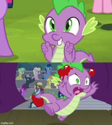 Size: 500x560 | Tagged: safe, edit, edited screencap, screencap, spike, dragon, horse play, it ain't easy being breezies, food, male, spikeabuse, stage, tomato, tomatoes