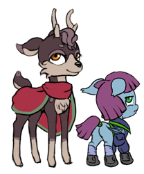 Size: 640x768 | Tagged: safe, artist:multiverseequine, derpibooru exclusive, derpibooru import, oc, oc only, oc:crescent moon, oc:enoki, bat pony, deer, pony, antlers, bag, bat pony oc, bat wings, butt, cloak, clothes, colt, deer oc, duo, foal, folded wings, jacket, male, saddle bag, shoes, simple background, socks, stag, tail, tail wrap, transparent background, wings