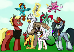 Size: 925x646 | Tagged: safe, artist:colorfullcomics, derpibooru import, oc, oc:alias, oc:blank check, oc:dr. wolf, oc:firebrand, oc:ilovekimpossiblealot, oc:lightning bliss, oc:mad munchkin, oc:mary sue, oc:silver quill, alicorn, hippogriff, pegasus, pony, unicorn, clothes, goggles, hat, magic, magic aura, unshorn fetlocks, vest