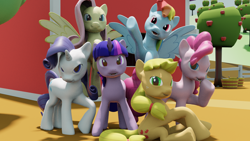 Size: 1920x1080 | Tagged: safe, derpibooru import, applejack, fluttershy, pinkie pie, rainbow dash, rarity, twilight sparkle, earth pony, pegasus, pony, unicorn, 3d, apple, apple tree, barn, bucket, food, mane six, sweet apple acres, tree