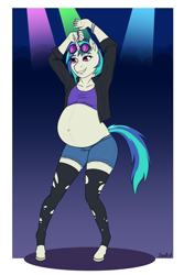 Size: 854x1280 | Tagged: safe, artist:zendrid, derpibooru import, dj pon-3, vinyl scratch, anthro, unguligrade anthro, unicorn, belly, belly button, big belly, clothes, dancing, female, grin, jacket, pregnant, shorts, smiling, socks, sunglasses, thigh highs