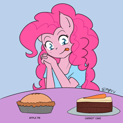 Size: 1000x1000 | Tagged: safe, artist:empyu, derpibooru import, pinkie pie, anthro, 30 minute art challenge, apple, apple pie, cake, carrot cake (food), diet, food, pie, tongue, tongue out