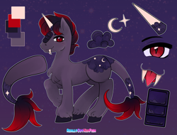 Size: 6300x4800 | Tagged: safe, artist:reallycoykoifish, derpibooru import, oc, unicorn, cloud, dragon tail, fangs, moon, night, night sky, reference sheet, sky, stars, tail