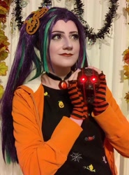 Size: 801x1080 | Tagged: safe, artist:sarahndipity cosplay, derpibooru import, aria blaze, human, equestria girls, clothes, cosplay, costume, disguise, disguised siren, fingerless gloves, gloves, halloween, holiday, irl, irl human, photo
