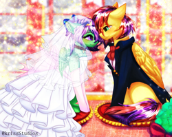 Size: 4000x3179 | Tagged: safe, artist:krissstudios, derpibooru import, oc, oc only, pegasus, pony, clothes, dress, female, male, mare, stallion, suit, wedding dress