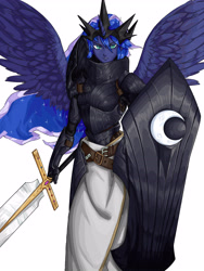 Size: 3543x4724 | Tagged: safe, artist:田园锄串子, derpibooru import, princess luna, human, horn, horned humanization, humanized, simple background, solo, sword, weapon, white background, winged humanization, wings