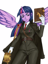 Size: 3520x4724 | Tagged: safe, artist:田园锄串子, derpibooru import, twilight sparkle, human, book, horn, horned humanization, humanized, scepter, simple background, solo, twilight scepter, white background, winged humanization, wings