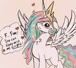 Size: 1280x1153 | Tagged: safe, artist:kqaii, derpibooru import, princess celestia, alicorn, pony, blushing, chest fluff, cute, cutelestia, dialogue, ears, embarrassed, female, floppy ears, frown, glare, heart, looking at you, mare, neck fluff, simple background, solo, speech bubble, spread wings, stuttering, talking to viewer, tan background, tsundelestia, tsundere, wing fluff, wings