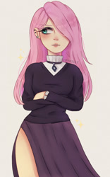 Size: 879x1410 | Tagged: safe, artist:xxminuhxx, derpibooru import, fluttershy, human, choker, clothes, crossed arms, dress, eyelashes, eyeliner, eyeshadow, female, fluttergoth, hair over one eye, high collar, humanized, jewelry, lips, looking away, makeup, necklace, side slit, simple background, solo, sweater, sweatershy, white background