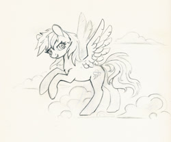 Size: 1161x964 | Tagged: safe, artist:maytee, derpibooru import, rainbow dash, pegasus, pony, cloud, monochrome, solo, traditional art