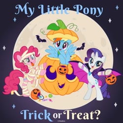 Size: 1080x1080 | Tagged: safe, artist:mylittleponyjpn, derpibooru import, part of a set, pinkie pie, rainbow dash, rarity, bat, earth pony, pegasus, pony, unicorn, bipedal, clothes, costume, female, halloween, halloween costume, holiday, jack-o-lantern, moon, mummy costume, official, pumpkin, pumpkin bucket, trio, trio female, vampire costume