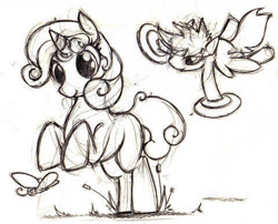 Size: 480x388 | Tagged: safe, artist:chazcatrix, derpibooru import, scootaloo, sweetie belle, butterfly, pegasus, pony, unicorn, cymbals, duo, monochrome, prank, rearing, sketch, traditional art