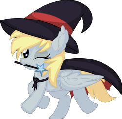 Size: 6643x6478 | Tagged: safe, artist:cyanlightning, derpibooru import, derpy hooves, pegasus, .svg available, absurd resolution, cape, clothes, female, filly, hat, looking at you, mouth hold, one eye closed, simple background, solo, transparent background, vector, wand, wink, witch hat, younger