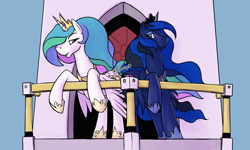 Size: 800x481 | Tagged: safe, artist:chazcatrix, derpibooru import, princess celestia, princess luna, alicorn, pony, balcony, butt bump, duo, female, jewelry, mare, regalia, royal sisters, siblings, sisters, wings, wings down