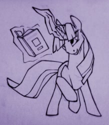 Size: 446x512 | Tagged: safe, artist:chazcatrix, derpibooru import, twilight sparkle, unicorn twilight, pony, unicorn, book, female, lineart, magic, mare, monochrome, solo, telekinesis, traditional art