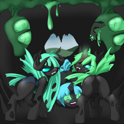 Size: 1000x1000 | Tagged: safe, artist:lavenderrose, derpibooru import, oc, oc only, changeling, cave, changeling oc, face down ass up, featureless crotch, green changeling, monocle, slime, smiling