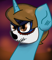 Size: 600x699 | Tagged: safe, artist:tranzmuteproductions, derpibooru import, oc, oc only, oc:dawillstanator, pony, unicorn, abstract background, bust, face paint, frown, horn, male, solo, stallion, unicorn oc