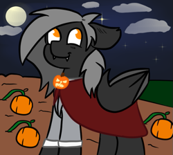 Size: 671x600 | Tagged: safe, artist:tranzmuteproductions, derpibooru import, oc, oc only, oc:tranzmute, bat pony, pony, bat pony oc, bat wings, cape, clothes, fangs, full moon, male, moon, night, pumpkin, smiling, solo, stallion, stars, wings