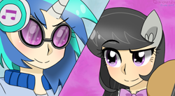 Size: 1280x702 | Tagged: safe, artist:nichandesu, derpibooru import, dj pon-3, octavia melody, vinyl scratch, human, slice of life (episode), bowtie, cello, clothes, duo, eared humanization, eyelashes, headphones, horn, horned humanization, humanized, musical instrument, scene interpretation, smiling