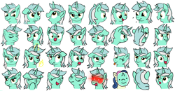 Size: 3508x1820 | Tagged: safe, artist:eel's stuff, derpibooru import, bon bon, lyra heartstrings, sweetie drops, earth pony, pony, unicorn, :t, bust, disguise, ears, eyes closed, facial expressions, female, floppy ears, front view, glowing, glowing horn, golden eyes, hand, horn, looking up, magic, magic hands, mare, nose wrinkle, one eye closed, open mouth, open smile, portrait, red eyes, scrunchy face, side view, simple background, smiling, tongue, tongue out, two toned mane, white background, wink