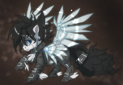 Size: 700x483 | Tagged: safe, artist:thegamercolt, derpibooru import, oc, oc:thegamercolt, earth pony, pony, belt, clothes, costume, fake wings, halloween, halloween costume, leather straps, scar, solo, tight clothing, unkempt mane, unkempt tail, wingblade