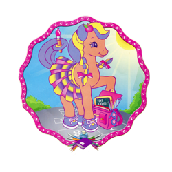 Size: 3464x3464 | Tagged: safe, derpibooru import, pony, g2, apple, backpack, border, bow, braid, bright bramley, clothes, food, french, hair bow, hair ribbon, hairpin, hopscotch (game), magazine scan, marker, notebook, official, orange pony, paintbrush, pencils, plaid skirt, purple hair, scan, school, school uniform, shoes, simple background, skirt, sneakers, sunglasses, transparent background, twin braids, yellow hair