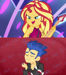 Size: 1920x2160 | Tagged: safe, derpibooru import, edit, edited screencap, screencap, flash sentry, sunset shimmer, a banner day, better together, equestria girls, spring breakdown, bare shoulders, bedroom eyes, female, flashimmer, guitar, male, music notes, musical instrument, shipping, shipping domino, sleeveless, straight