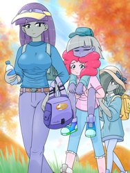 Size: 1668x2224 | Tagged: safe, artist:batipin, derpibooru import, limestone pie, marble pie, maud pie, pinkie pie, equestria girls, backpack, bottle, breasts, cap, carrying, converse, equestria girls-ified, eyes closed, hair over one eye, hat, maud pies, pie sisters, piggyback ride, shoes, siblings, sisters, sleeping, sun hat, visor, visor cap, water bottle