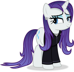 Size: 3814x3725 | Tagged: safe, artist:anime-equestria, derpibooru import, rarity, pony, unicorn, alternate hairstyle, blue eyes, clothes, ear piercing, earring, eyeshadow, female, happy, high res, hoodie, horn, jewelry, lidded eyes, makeup, mare, piercing, purple mane, purple tail, shadow, show accurate, simple background, smiling, solo, standing, tail, transparent background, wet, wet mane