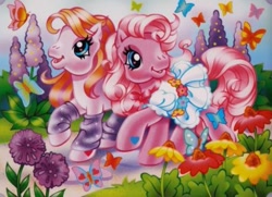 Size: 951x689 | Tagged: safe, derpibooru import, pinkie pie, pinkie pie (g3), toola roola, butterfly, earth pony, pony, g3, blue eyes, book, clothes, dress, flower, hoof heart, leg warmers, legwear, official, official art, orange hair, path, picture book, pink hair, pink pony, pinkie pie's special day, scan, storybook, walking