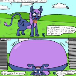 Size: 1280x1280 | Tagged: safe, artist:eternaljonathan, derpibooru import, princess luna, oc, oc:blackout bennu, sphinx, belly, big belly, burp, cheek bulge, comic, dialogue, digital art, huge belly, impossibly large belly, lying down, macro, on back, open mouth, plate, sphinx oc, stuffed, weight gain