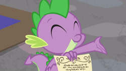 Size: 3410x1920 | Tagged: safe, derpibooru import, screencap, spike, dragon, season 9, sparkle's seven, cute, eyes closed, male, school of friendship, smiling, solo, spikabetes, winged spike, wings