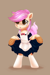Size: 1500x2250 | Tagged: safe, artist:ariamidnighters, derpibooru import, oc, oc:vanillaberry swirl, earth pony, pony, bipedal, clothes, commission, ear piercing, earring, female, jewelry, maid, mare, open mouth, piercing, simple background, socks, solo, ych result