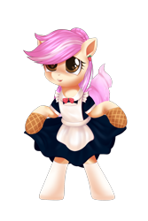 Size: 1500x2250 | Tagged: safe, alternate version, artist:ariamidnighters, derpibooru import, oc, oc:vanillaberry swirl, earth pony, pony, bipedal, clothes, commission, ear piercing, earring, female, jewelry, maid, mare, open mouth, piercing, simple background, socks, solo, transparent background, ych result