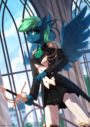 Size: 2000x2825 | Tagged: safe, artist:redchetgreen, derpibooru import, oc, oc only, anthro, pegasus, aiguillette, blue fur, boots, bow, breasts, building, castle, clothes, cloud, cravat, crepuscular rays, epaulettes, eyebrows, fantasy, female, gloves, green eyes, green hair, hair bow, high res, looking at you, military uniform, ornament, pants, pegasus oc, shoes, signature, skirt, smiling, smiling at you, solo, spread wings, sword, teeth, uniform, weapon, window, winged anthro, wings