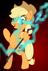 Size: 488x722 | Tagged: safe, artist:darkknighthoof, artist:darktailsko, derpibooru import, edit, applejack, earth pony, pony, bipedal, cropped, mad with power, magic, smiling, solo, staff, staff of sacanas