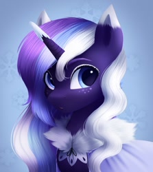 Size: 778x874 | Tagged: safe, artist:_ladybanshee_, derpibooru import, oc, oc:frosty lavender, pony, unicorn, big eyes, bust, clothes, coat, cute, lineless, painting, portrait, solo