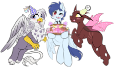 Size: 4096x2293 | Tagged: safe, artist:nekaneba, derpibooru import, oc, oc only, oc:junebug, oc:slipstream, oc:vixen, changeling, griffon, pegasus, brown changeling, cake, food, hat, mlp fim's eleventh anniversary, party hat, simple background, transparent background