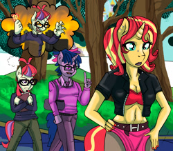 Size: 1134x992 | Tagged: safe, artist:urhangrzerg, derpibooru import, dusk shine, moondancer, sunset shimmer, twilight sparkle, anthro, pony, unicorn, male, rule 63, tree