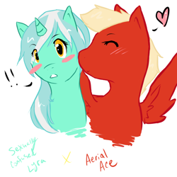 Size: 1024x1024 | Tagged: safe, artist:movetothemusic, derpibooru import, lyra heartstrings, oc, oc:aerial ace, pegasus, pony, blushing, female, kissing, mare, sexually confused lyra