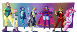 Size: 1280x554 | Tagged: safe, artist:new-ereon, derpibooru import, applejack, fili-second, fluttershy, mistress marevelous, pinkie pie, radiance, rainbow dash, rarity, saddle rager, twilight sparkle, zapp, equestria girls, absolute cleavage, alternate hairstyle, applerack, blushing, boots, breasts, cleavage, clothes, commission, costume, crossed arms, crossover, dc comics, doctor strange, duality, female, fingerless gloves, fist, flutterhulk, full body, glasses, gloves, gradient background, hand on hip, high res, hootershy, humane five, humane six, jacket, lab coat, lasso, leotard, lightning, looking at you, marvel, mohawk, muscles, muscleshy, muscular female, pants, pinkie pies, ponytail, power ponies, rainboob dash, raised eyebrow, rope, runes, scrunchie, self paradox, she-hulk, shoes, simple background, smiling, smirk, sorcerer supreme, sorceress, standing, superhero, thigh boots, tight clothing, wall of tags, wonder woman