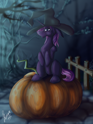 Size: 3000x4000 | Tagged: safe, artist:stirren, derpibooru import, oc, pony, unicorn, commission, cute, female, halloween, hat, holiday, looking at you, multislot, pumpkin, sitting, solo, witch hat, ych result, your character here