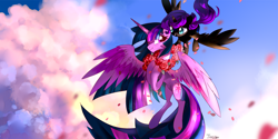 Size: 3308x1653 | Tagged: safe, artist:tingsan, derpibooru import, princess twilight 2.0, twilight sparkle, twilight sparkle (alicorn), oc, oc:nyx, alicorn, pony, the last problem, cloud, flower, flying, older, older twilight, rose