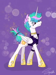 Size: 2048x2732 | Tagged: safe, artist:turtletroutstudios, derpibooru import, princess celestia, alicorn, pony, abstract background, clothes, collar, ear piercing, eyelashes, female, hoof shoes, makeup, mare, piercing, punklestia, signature, smiling, solo, tail, tail wrap