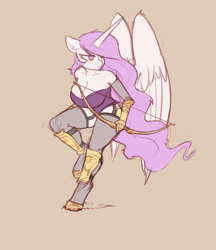 Size: 2850x3292 | Tagged: safe, artist:yoditax, princess celestia, alicorn, anthro, unguligrade anthro, big breasts, bow (weapon), bracer, breasts, brown background, cleavage, clothes, colored sketch, ears, female, floppy ears, garter belt, large wings, long horn, looking back, mare, pink-mane celestia, simple background, solo, stockings, weapon