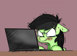 Size: 1111x810 | Tagged: safe, artist:xieril, edit, ponerpics import, oc, oc only, oc:anon filly, angry, blushing, computer, effort, female, filly, laptop computer, scrunchy face, shaking, solo, sweat