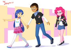 Size: 6884x4865 | Tagged: safe, artist:jeglegator, derpibooru import, pinkie pie, oc, oc:copper plume, oc:felicity sentry, equestria girls, blushing, clothes, clothes swap, crossdressing, female, femboy, glasses, group, hairband, holding hands, implied bisexuality, male, miniskirt, neckerchief, pantyhose, pinkie pie's superior outfit, purse, shipping, shopping, skirt