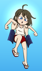 Size: 466x791 | Tagged: safe, artist:spheedc, oc, oc only, oc:light chaser, human, blue background, blushing, child, disembodied hand, flip-flops, humanized, humanized oc, lifted up, lifting, looking at you, pov, shorts, simple background, solo focus, vest