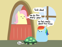 Size: 2048x1536 | Tagged: safe, artist:2merr, ponerpics import, fluttershy, rainbow dash, tank, tortoise, tanks for the memories, :c, blob ponies, dialogue, dot eyes, drawn on phone, drawthread, female, fluttershy is not amused, fluttershy's cottage, frown, hibernation, male, rainbow dumb, sad, size difference, sleeping, speech bubble, unamused, zzz